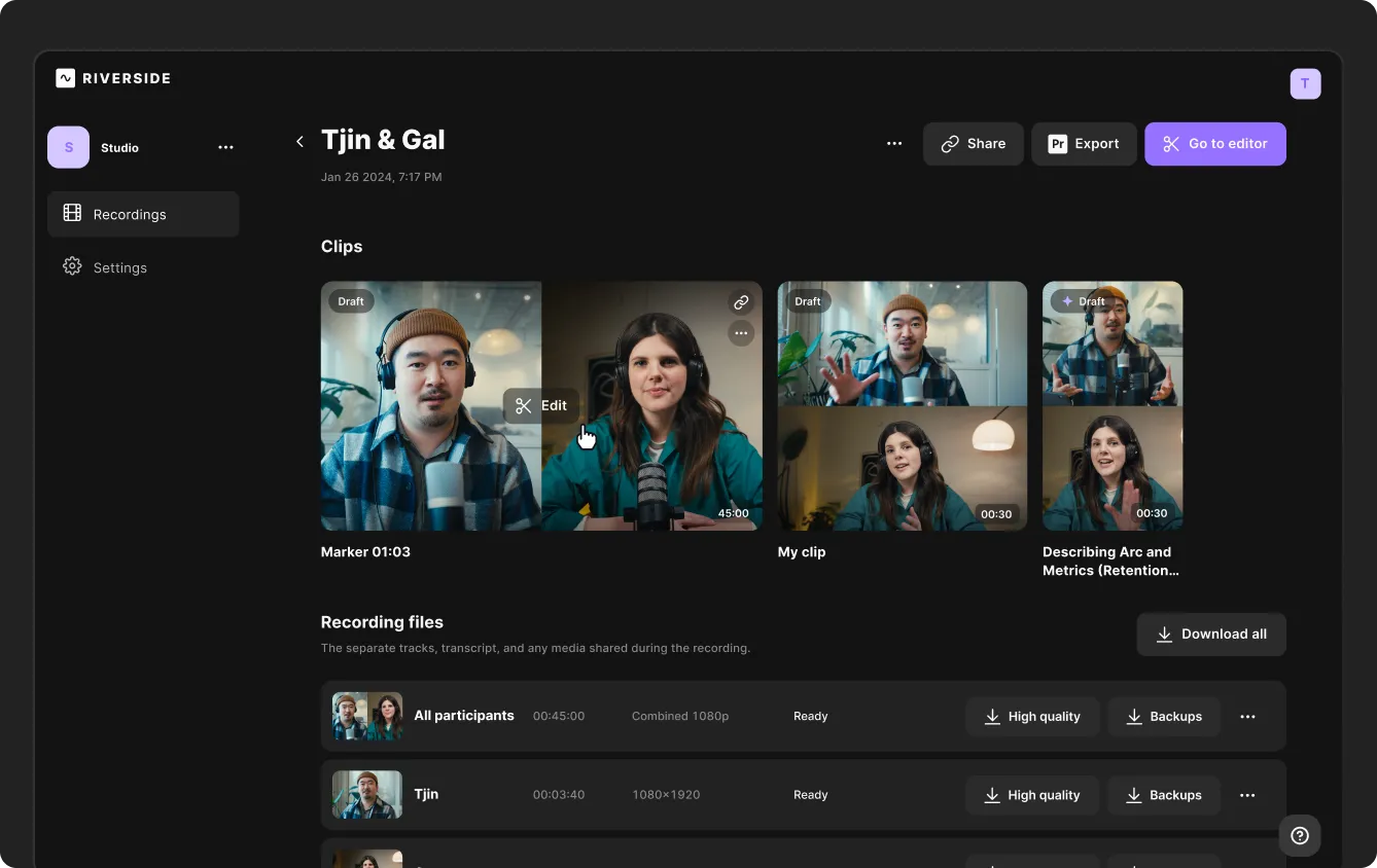 Riverside app interface showing Tjin & Gal project with video clips, recording files, and options to share, export, and edit.